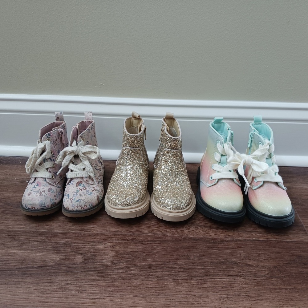 Cat & Jack Toddler Girls Boots Bundle Size 8 Floral Gold Glitter Rainbow 3 Pairs